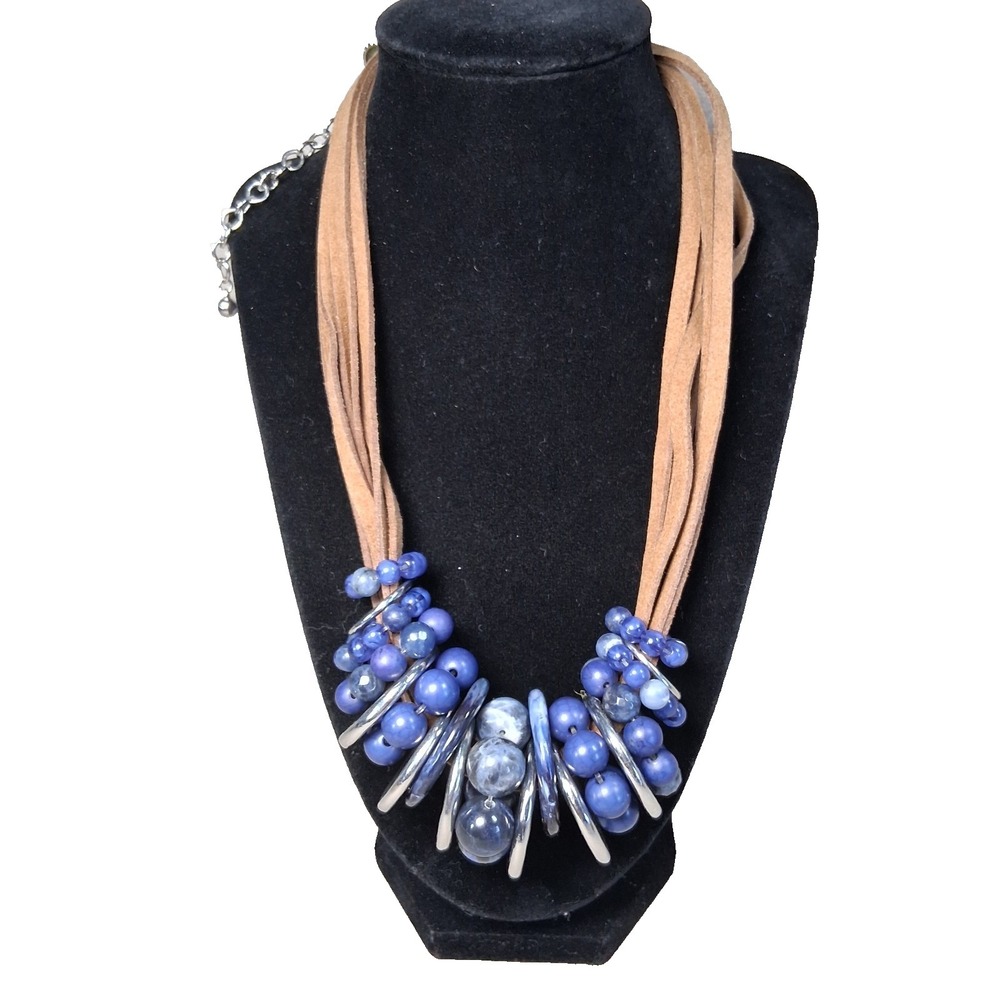 Chico's Chunky Blue Beaded Necklace Silver Tone Rings Boho Suede Cord Signed